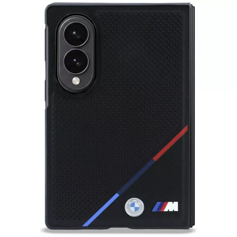 BMW M odinė perforuota trijų spalvų juostos metalinių logotipų MagSafe dėklas, skirtas Samsung Galaxy Z Fold8 - juoda