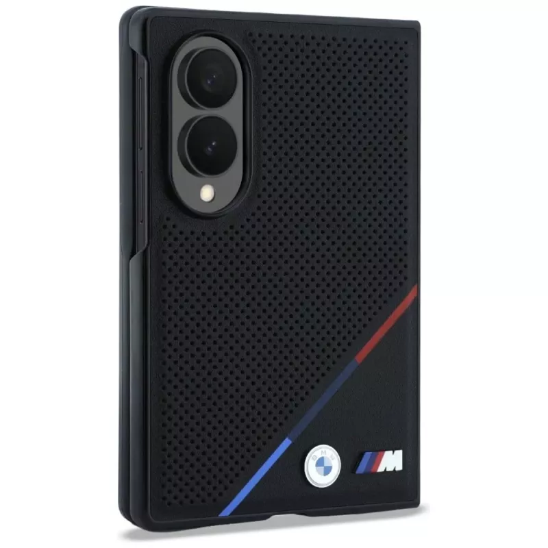 BMW M odinė perforuota trijų spalvų juostos metalinių logotipų MagSafe dėklas, skirtas Samsung Galaxy Z Fold8 - juoda