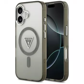 GUESS IML Gradient Triangle Logo MagSafe dėklas, skirtas iPhone 17 – chaki