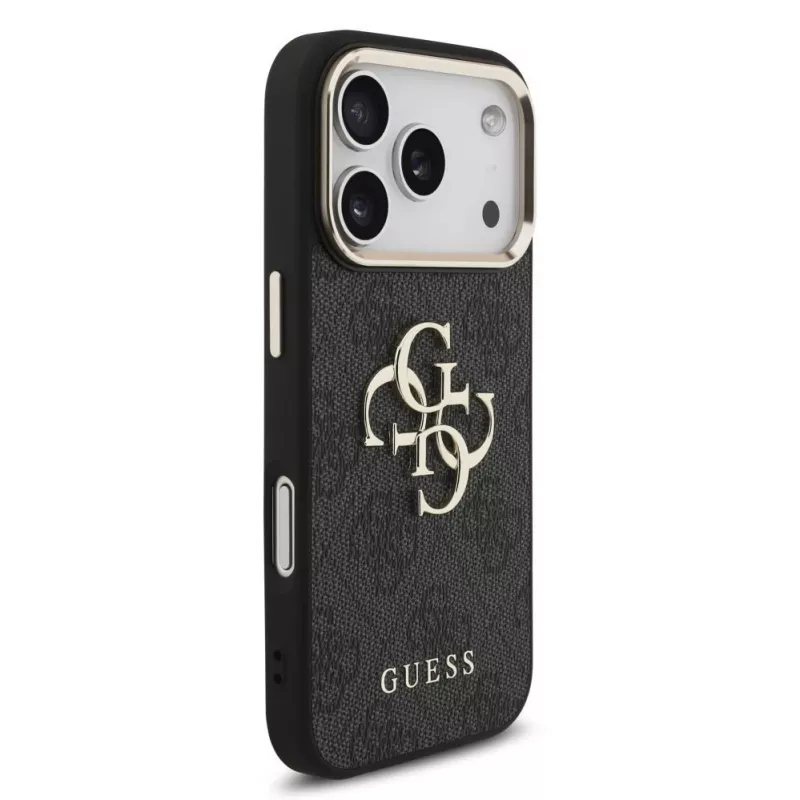 GUESS 4G Big Logo Classic kietas dėklas, skirtas iPhone 17 Pro / 18 Pro – juodas su auksu