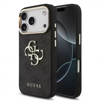 GUESS 4G Big Logo Classic kietas dėklas, skirtas iPhone 17 Pro / 18 Pro – juodas su auksu