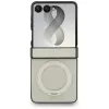 Guess Magnetic Ring Stand Grained Classic Logo MagSafe dėklas Samsung Galaxy Z Flip 8, smėlio spalvos