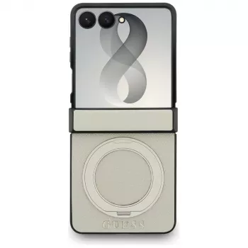 Guess Magnetic Ring Stand Grained Classic Logo MagSafe dėklas Samsung Galaxy Z Flip 8, smėlio spalvos