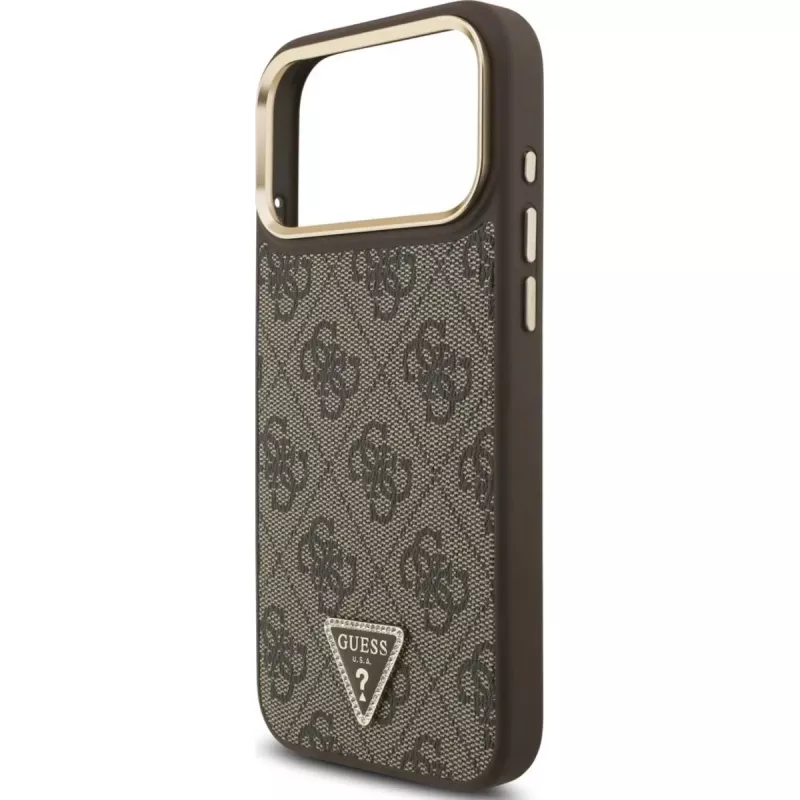 GUESS 4G Triangle Logo MagSafe dėklas, skirtas iPhone 17 Pro Max – ruda ir auksinė