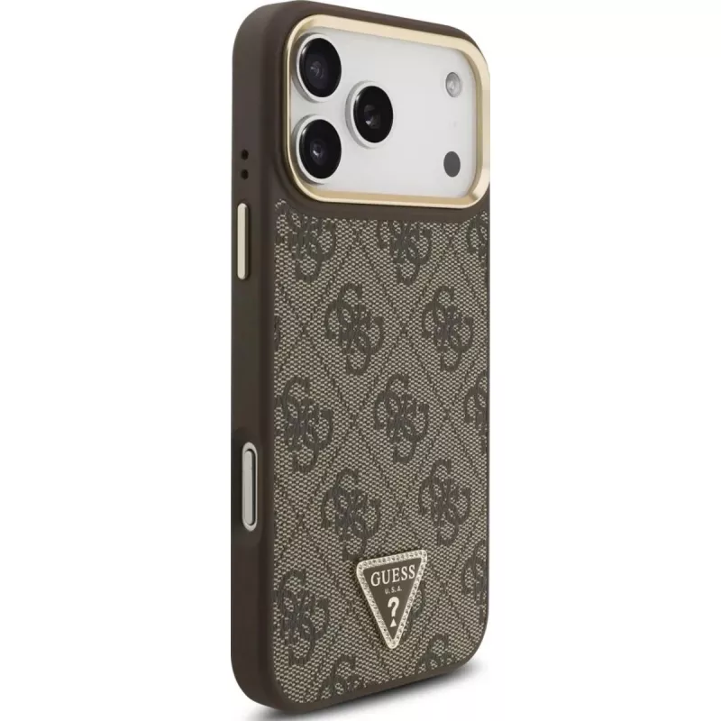 GUESS 4G Triangle Logo MagSafe dėklas, skirtas iPhone 17 Pro Max – ruda ir auksinė