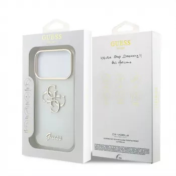 GUESS 4G Script Metal apsauginis dėklas, skirtas iPhone 18 Pro Max / 17 Pro Max - baltas