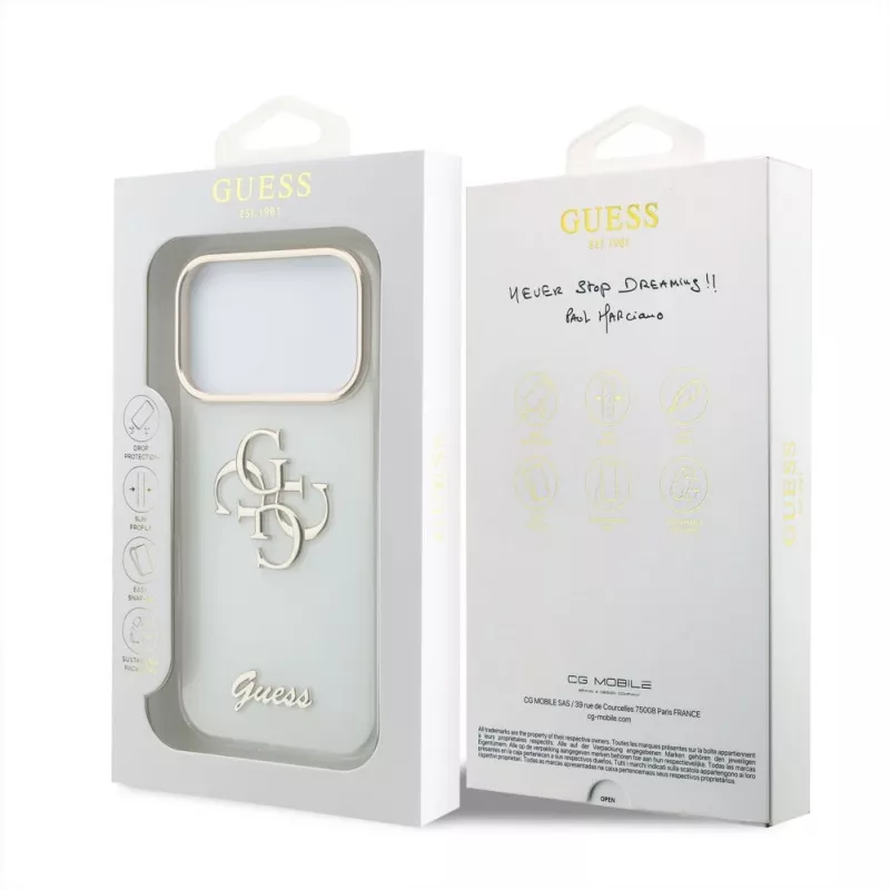 GUESS 4G Script Metal apsauginis dėklas, skirtas iPhone 18 Pro Max / 17 Pro Max - baltas