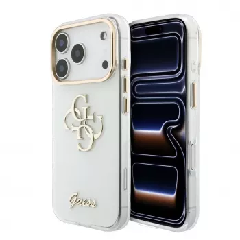 GUESS 4G Script Metal apsauginis dėklas, skirtas iPhone 18 Pro Max / 17 Pro Max - baltas