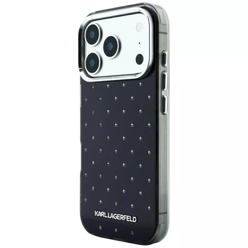 Karl Lagerfeld IML Rhinestones Allover ir elektrograviruotas logotipas dėklas, skirtas iPhone 18 Pro / 17 Pro - juodas