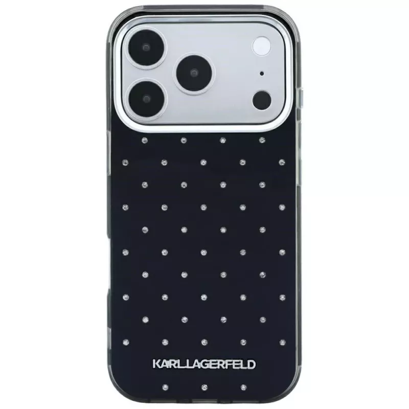 Karl Lagerfeld IML Rhinestones Allover ir elektrograviruotas logotipas dėklas, skirtas iPhone 18 Pro / 17 Pro - juodas