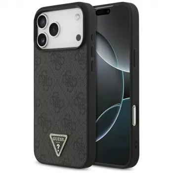 GUESS Leather 4G Triangle Strass MagSafe dėklas, skirtas iPhone 18 Pro Max / 17 Pro Max - juodas