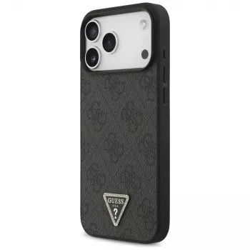 GUESS Leather 4G Triangle Strass MagSafe dėklas, skirtas iPhone 18 Pro Max / 17 Pro Max - juodas