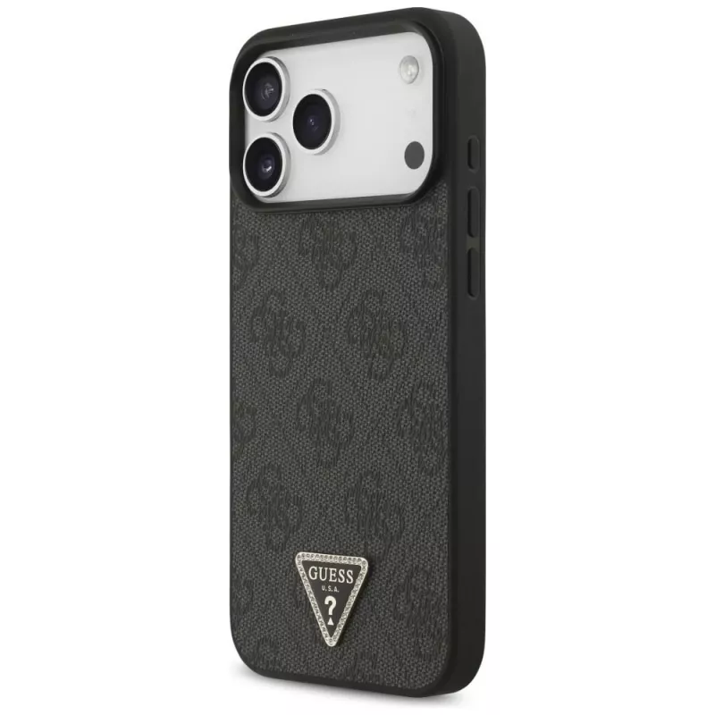 GUESS Leather 4G Triangle Strass MagSafe dėklas, skirtas iPhone 18 Pro Max / 17 Pro Max - juodas