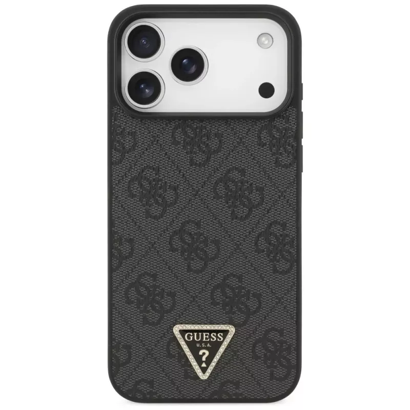 GUESS Leather 4G Triangle Strass MagSafe dėklas, skirtas iPhone 18 Pro Max / 17 Pro Max - juodas