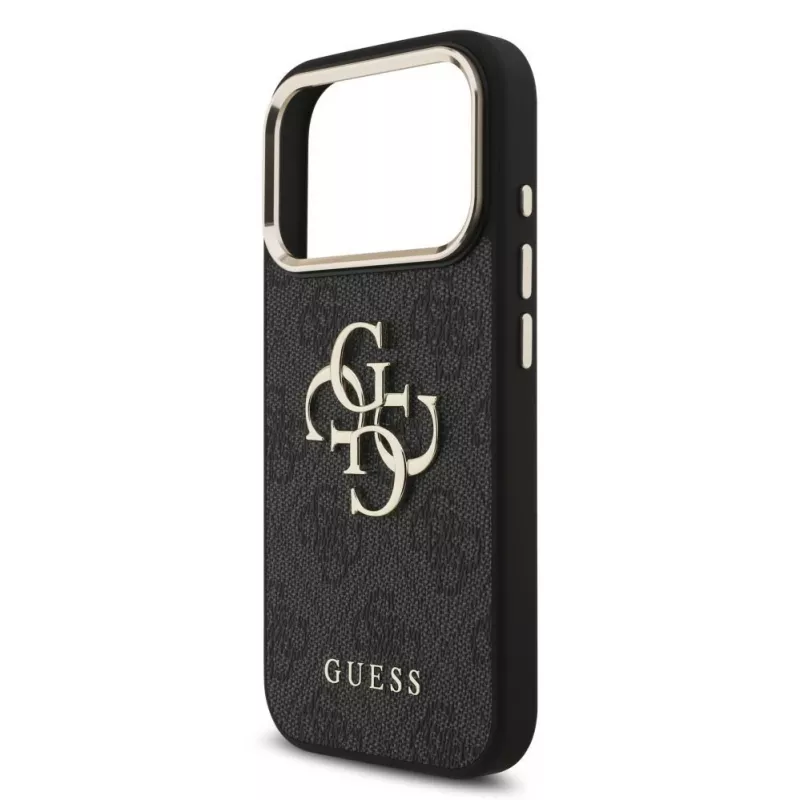 GUESS 4G Big Classic Logo dėklas, skirtas iPhone 18 Pro Max / 17 Pro Max – juodas su aukso spalvos akcentais