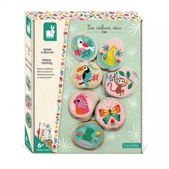 Janod Stone Painting Creative Craft Rinkinys – 6 natūralūs akmenys, 6 akriliniai dažai, 2 teptukai, blizgučiai, akutės, lipdukai – nuo 6 metų