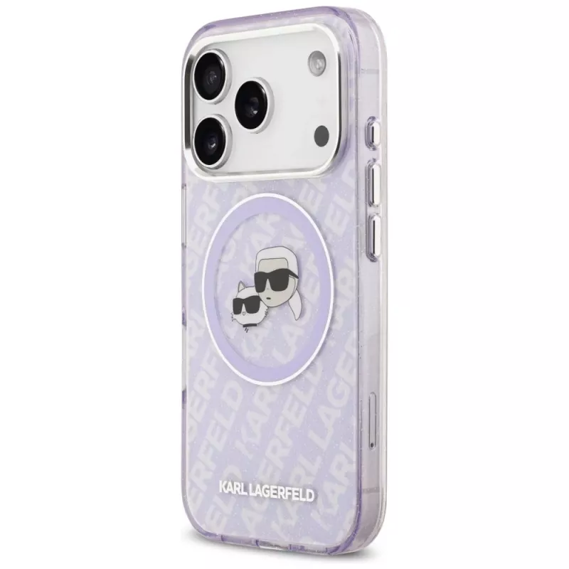 Karl Lagerfeld IML Glitter Karl & Choupette Heads Logo MagSafe dėklas, skirtas iPhone 17 Pro Max - violetinis