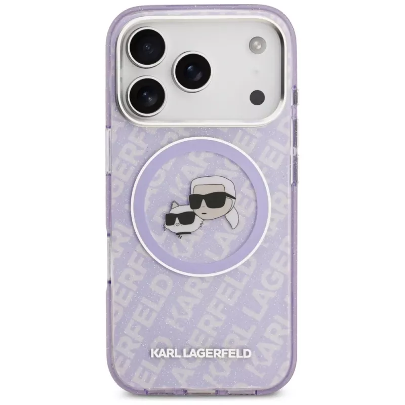 Karl Lagerfeld IML Glitter Karl & Choupette Heads Logo MagSafe dėklas, skirtas iPhone 17 Pro Max - violetinis