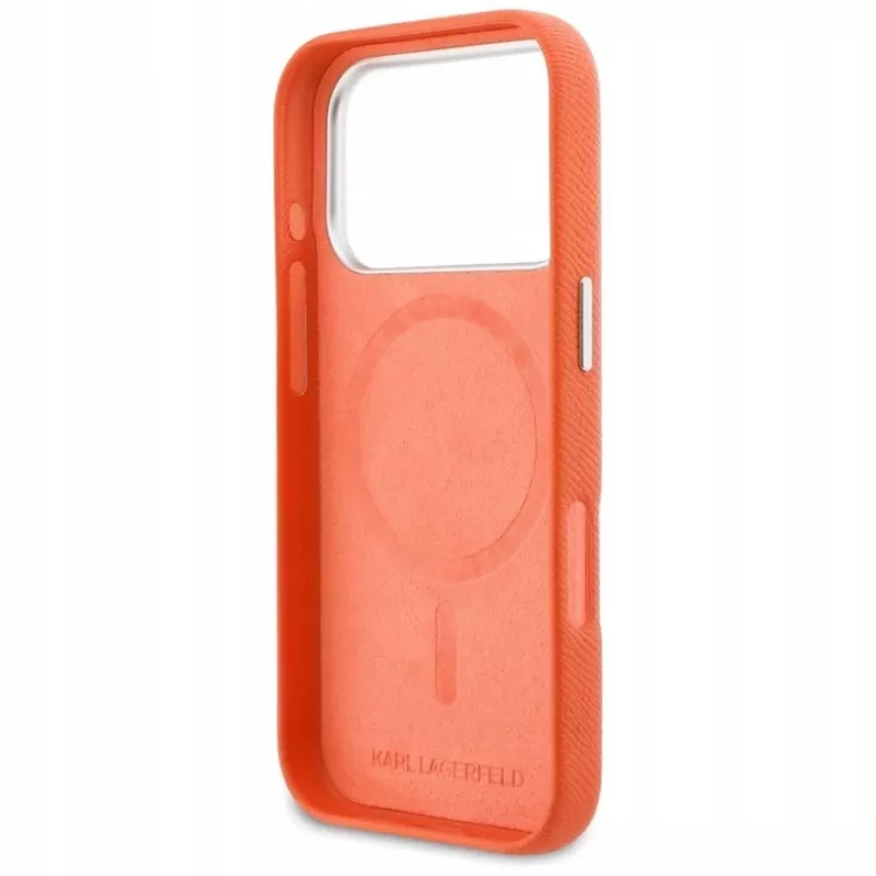 Karl Lagerfeld Karl & Choupette Head Pins Saffiano dėklas su MagSafe, skirtas iPhone 17 Pro - oranžinis