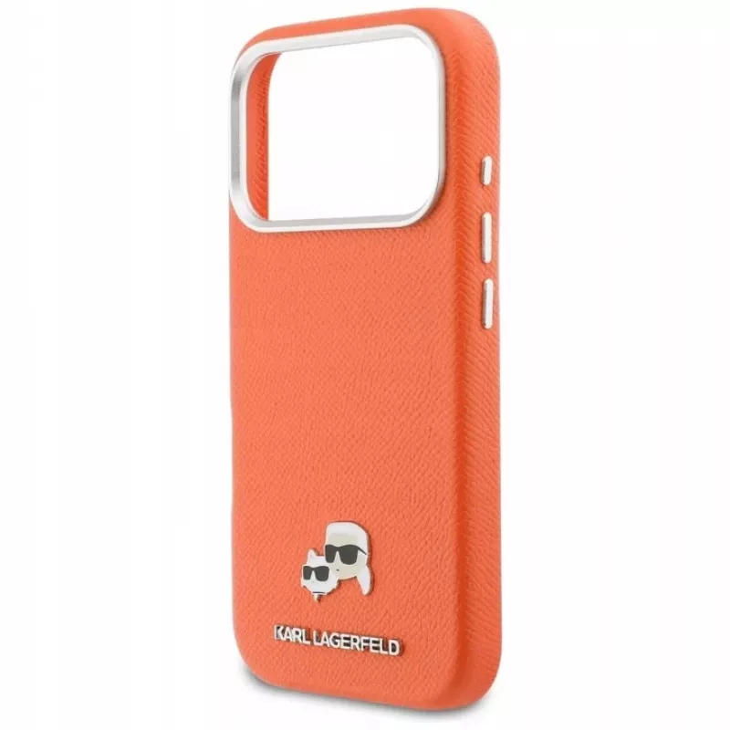Karl Lagerfeld Karl & Choupette Head Pins Saffiano dėklas su MagSafe, skirtas iPhone 17 Pro - oranžinis