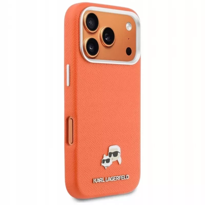 Karl Lagerfeld Karl & Choupette Head Pins Saffiano dėklas su MagSafe, skirtas iPhone 17 Pro - oranžinis