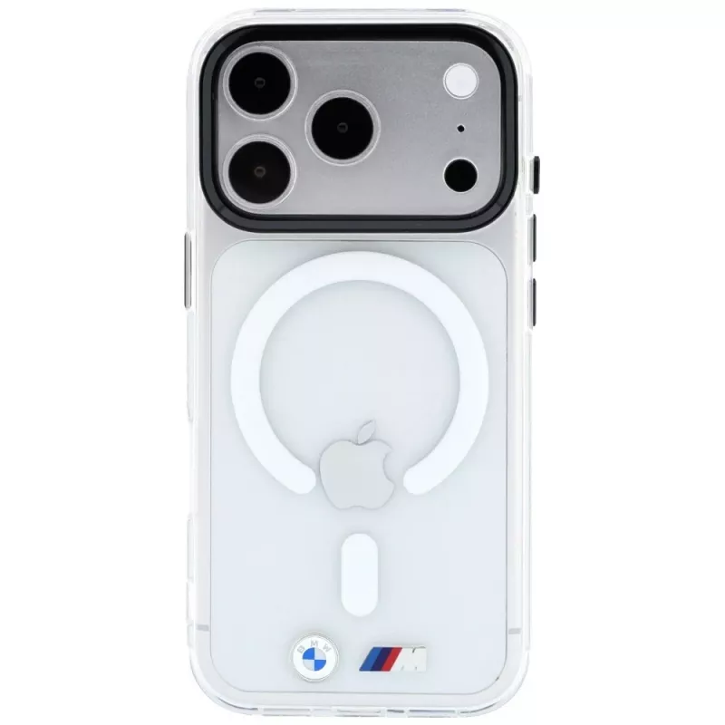 BMW M IML blizgaus metalo logotipo ir apdailos MagSafe dėklas, skirtas iPhone 18 Pro / 17 Pro - permatomas