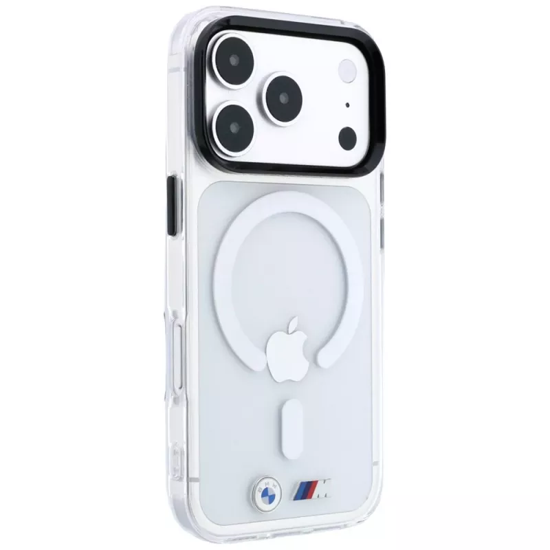 BMW M IML blizgaus metalo logotipo ir apdailos MagSafe dėklas, skirtas iPhone 18 Pro / 17 Pro - permatomas