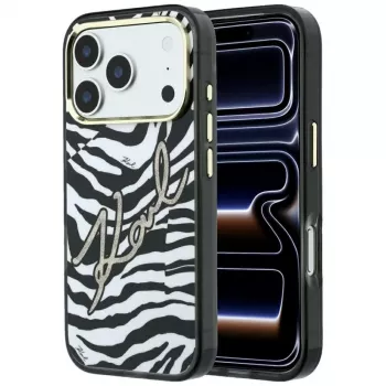 Karl Lagerfeld IML Signature Zebra Glitter MagSafe dėklas, skirtas iPhone 18 Pro Max / 17 Pro Max - auksinis