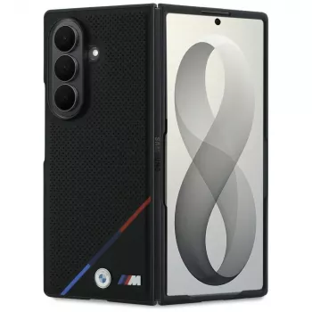BMW M odinė perforuota trijų spalvų juostos metalo logotipų MagSafe dėklas, skirtas Samsung Galaxy Z Fold8 Ultra – juoda