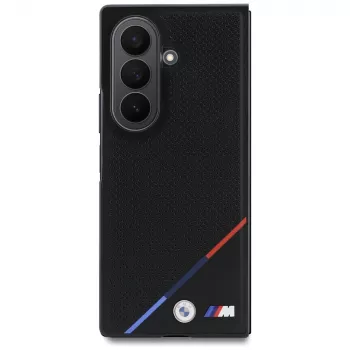 BMW M odinė perforuota trijų spalvų juostos metalo logotipų MagSafe dėklas, skirtas Samsung Galaxy Z Fold8 Ultra – juoda