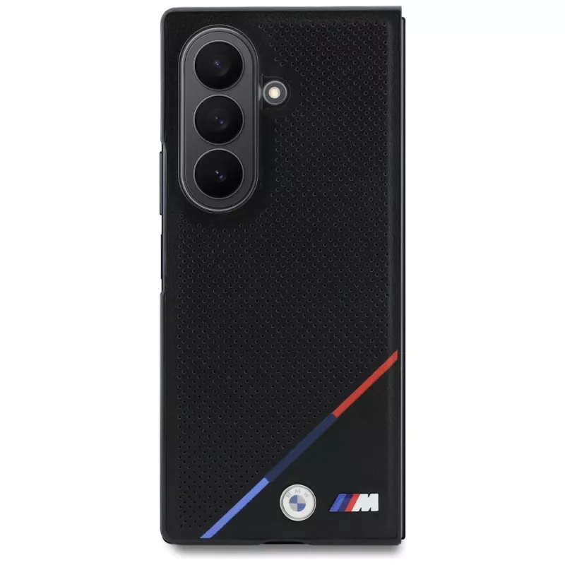 BMW M odinė perforuota trijų spalvų juostos metalo logotipų MagSafe dėklas, skirtas Samsung Galaxy Z Fold8 Ultra – juoda