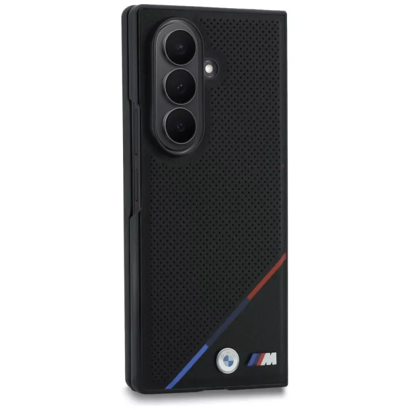 BMW M odinė perforuota trijų spalvų juostos metalo logotipų MagSafe dėklas, skirtas Samsung Galaxy Z Fold8 Ultra – juoda