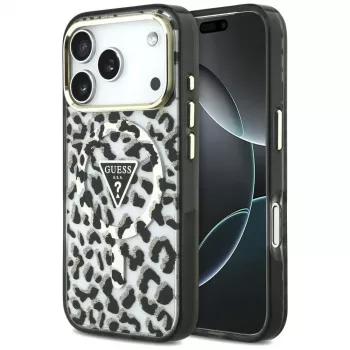GUESS IML Leopard Glitter Triangle Logo MagSafe dėklas, skirtas iPhone 18 Pro / 17 Pro - juodas
