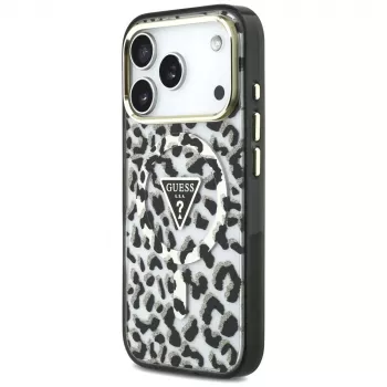 GUESS IML Leopard Glitter Triangle Logo MagSafe dėklas, skirtas iPhone 18 Pro / 17 Pro - juodas