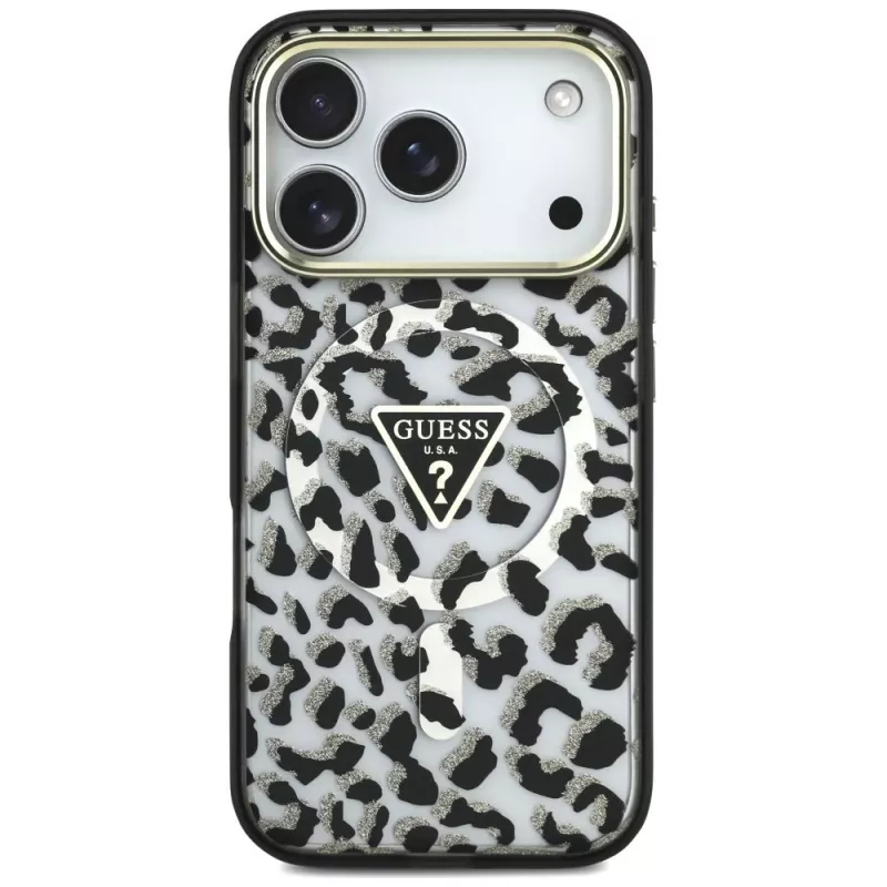 GUESS IML Leopard Glitter Triangle Logo MagSafe dėklas, skirtas iPhone 18 Pro / 17 Pro - juodas