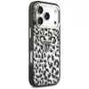 GUESS IML Leopard Glitter Triangle Logo MagSafe dėklas, skirtas iPhone 18 Pro / 17 Pro - juodas