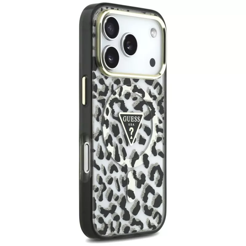 GUESS IML Leopard Glitter Triangle Logo MagSafe dėklas, skirtas iPhone 18 Pro / 17 Pro - juodas