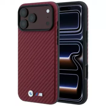 BMW M Carbon Metal Logo MagSafe dėklas, skirtas iPhone 18 Pro / 17 Pro – bordo spalvos