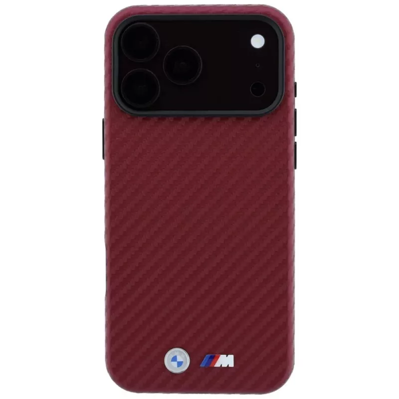 BMW M Carbon Metal Logo MagSafe dėklas, skirtas iPhone 18 Pro / 17 Pro – bordo spalvos
