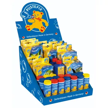 PUSTEFIX Mini-Store vitrinos stendas – 24 x 42 ml muilo burbulų tirpalas su lazdelėmis, prekybos stendas