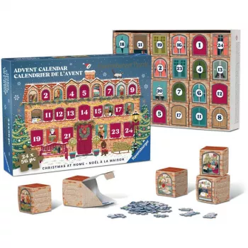 RAVENSBURGER Kalėdų kalendorius su dėlionėmis Christmas at Home - 24 miniatiūrinės dėlionės, 576 detalių, Softclick technologija