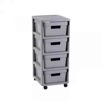 Curver Infinity Bookcase 4x10L pilka – 4 stalčių plastikinė laikymo sistema su rotango efektu
