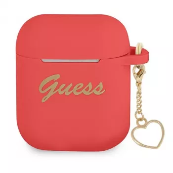 GUESS GUA2LSCHSR AirPods 1/2 raudono silikono dėklas su širdelės pakabuku, Charm Heart Collection