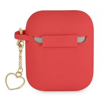 GUESS GUA2LSCHSR AirPods 1/2 raudono silikono dėklas su širdelės pakabuku, Charm Heart Collection