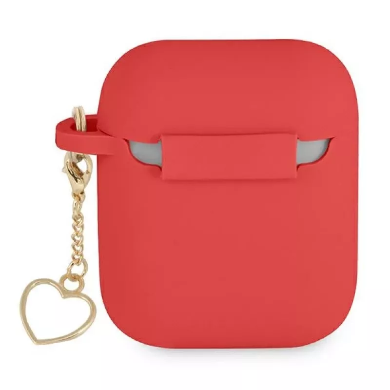 GUESS GUA2LSCHSR AirPods 1/2 raudono silikono dėklas su širdelės pakabuku, Charm Heart Collection