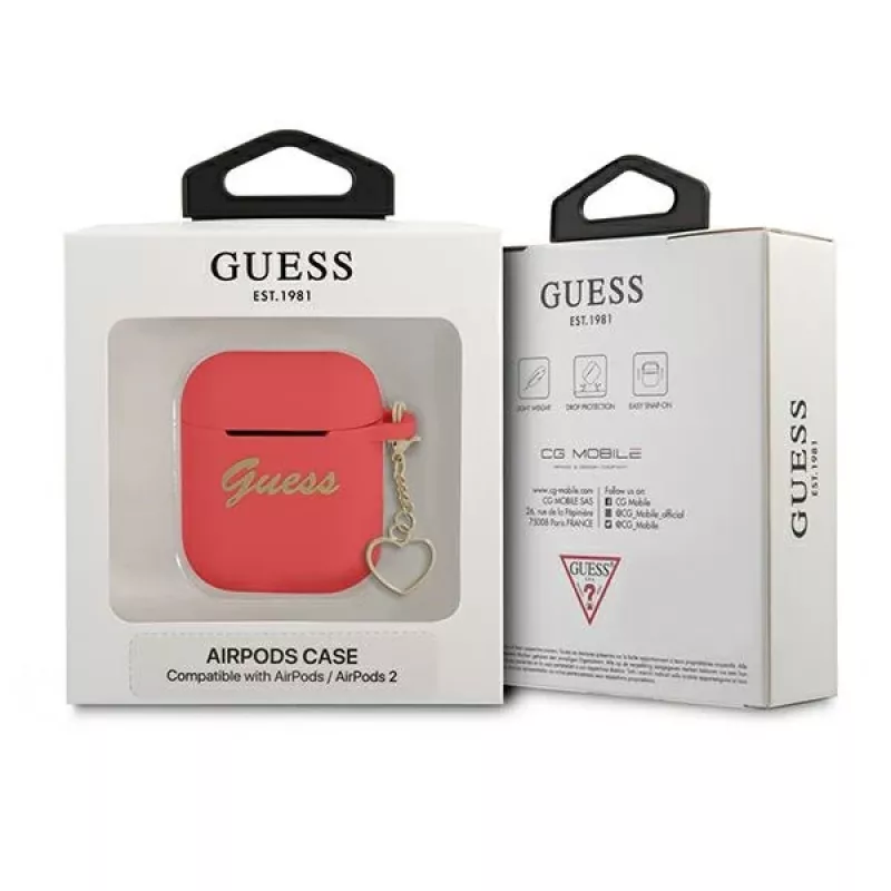 GUESS GUA2LSCHSR AirPods 1/2 raudono silikono dėklas su širdelės pakabuku, Charm Heart Collection