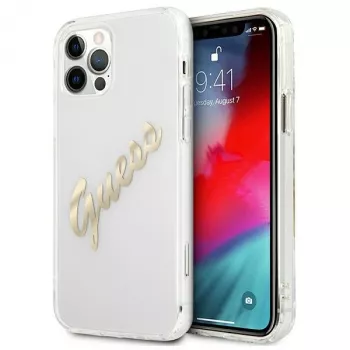 GUESS Vintage Script Gold kietas dėklas, skirtas Apple iPhone 12 Pro Max - permatomas