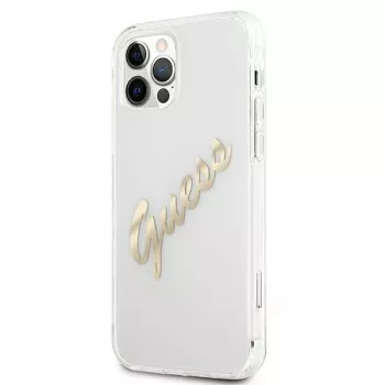 GUESS Vintage Script Gold kietas dėklas, skirtas Apple iPhone 12 Pro Max - permatomas