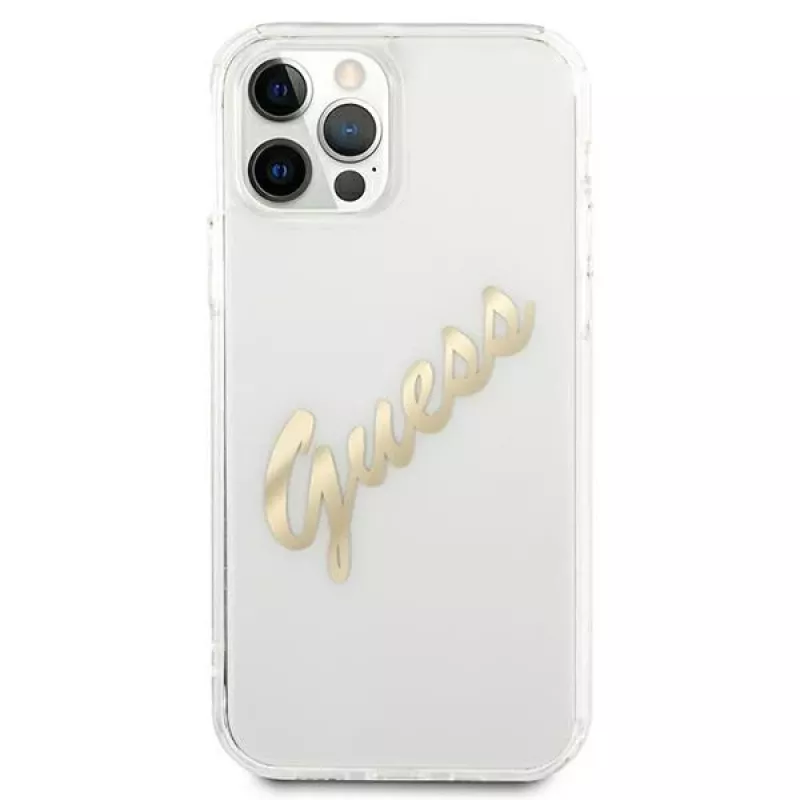 GUESS Vintage Script Gold kietas dėklas, skirtas Apple iPhone 12 Pro Max - permatomas