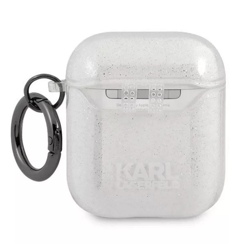 Karl Lagerfeld KLA2UKHGS AirPods 1/2 dėklas sidabrinis su blizgučiais ir Karlo galva
